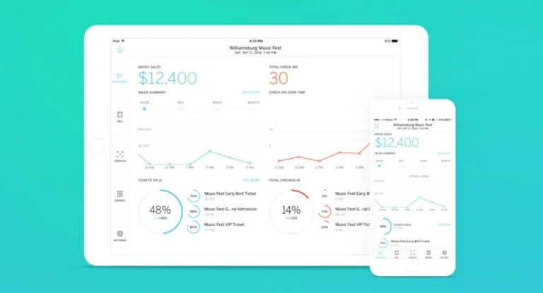 A live event dashboard on iPad and iPhone showing gross sales and tickets sold.