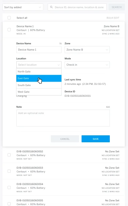 The Portal fleet management screen: naming devices, assigning gates and zones, monitoring battery and sync.