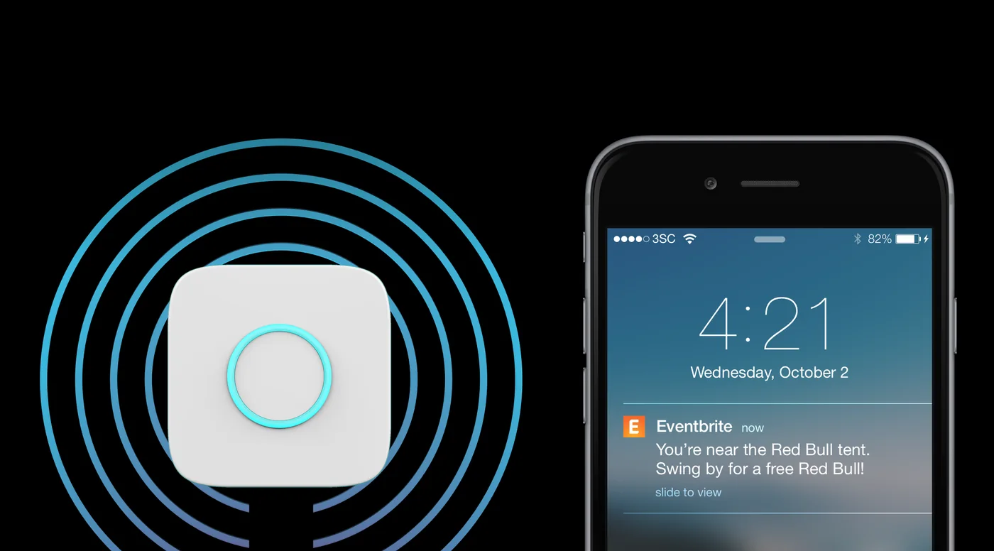 A proximity beacon and a phone lock screen showing a location-triggered sponsor notification.